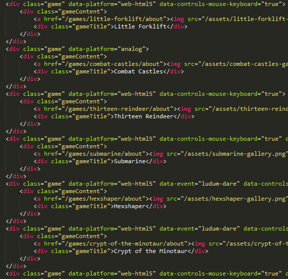 The original HTML for the game gallery, which shows the above HTML snippet repeated a half-dozen times, demonstrating that it's a lot of boilerplate code to write over and over